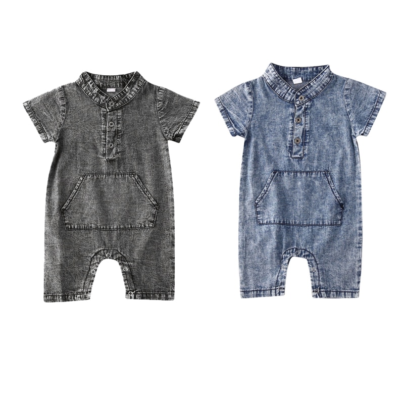 Pasgeboren baby jongens zomerkleding 0-18m casual korte mouwen denim romper jumpsuit outfits zonnepak