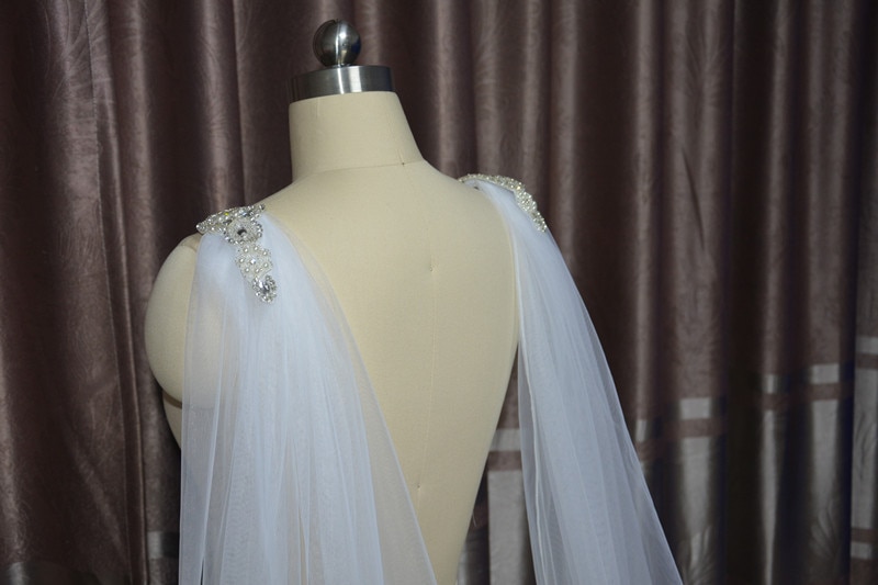 White, Ivory Cape Veil Rhinestone Appliques on Shoulders Long, Bridal Shoulder Veil In