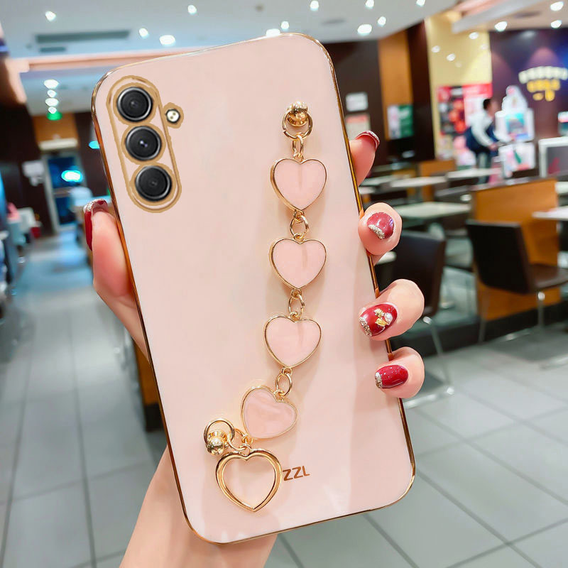 For Samsung Galaxy A15 4G A25 A35 A55 5G A05S Luxury Plating Love Heart Bracelet Chain Case On A 15 25 35 55 05 Soft Back Cover
