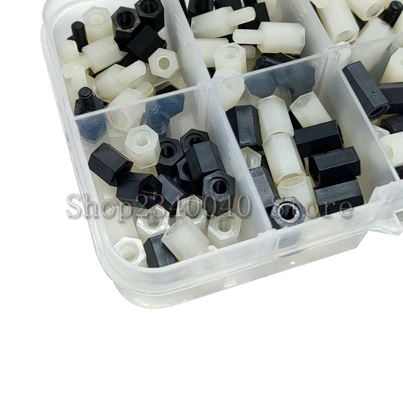 300pcs/set M3 Nylon Screw White/Black Female Male Hex Nylon Standoff Spacer Column Flat Head Nylon Plastic Spacing Screws Nuts