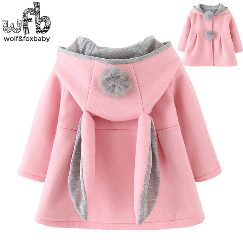 Retail 0-3 years coat cartoon Rabbit Ear Hooded solid color full-sleeves Warm cute kids children spring autumn fall winter