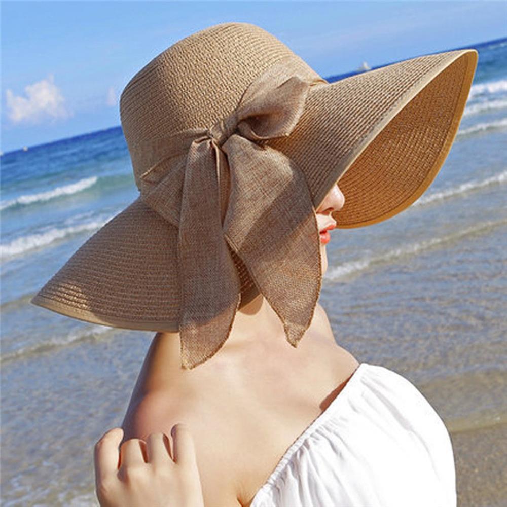 Zon Hoeden Voor Vrouwen Floppy Opvouwbare Wide Brim Stro Cap Chapeau Strikje Riem Dames Elegante Mode Zonnebrandcrème Strand Hoeden
