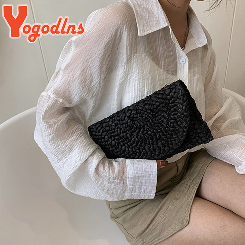 Yogodlns bolso de mano tejido de cáscara de maíz para cena, bolso grande de paja Simple a la para mujer, cartera informal de verano para vacaciones para mujer