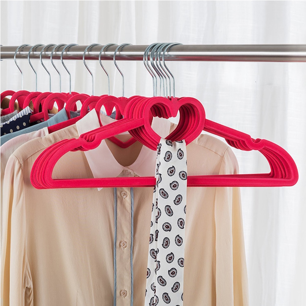 10pc/lot Heart Shaped Plastic Velvet Hangers Non-Slip Clothes Hanger with 360 Degree Swivel Hook Kleding Organizer Cabide Veludo