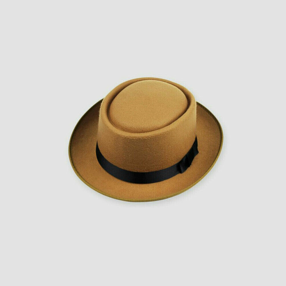 Unisex klassisk filt svinekød tærte svinekød hat opadgående feodora hatte kort rand sort bånd band panama hatte: B