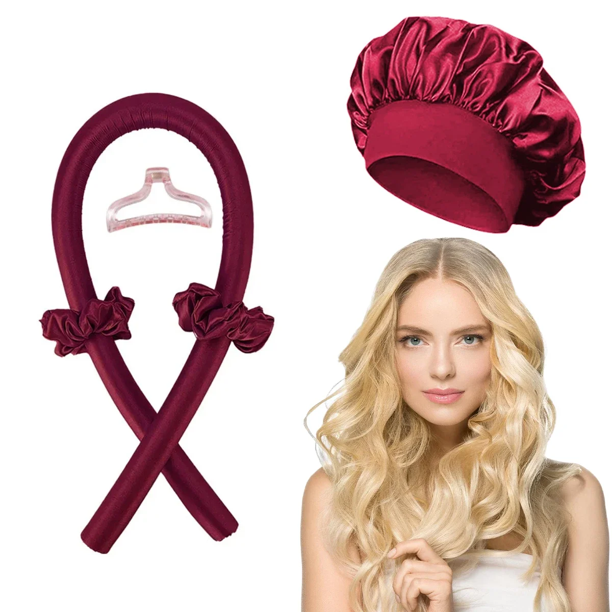 Haste de ondulação sem calor, faixa de cabelo sem calor, rolos de cabelo macios, cachos preguiçosos, gorro de cetim, touca noturna, ferramentas de estilo de cabelo: Rosa