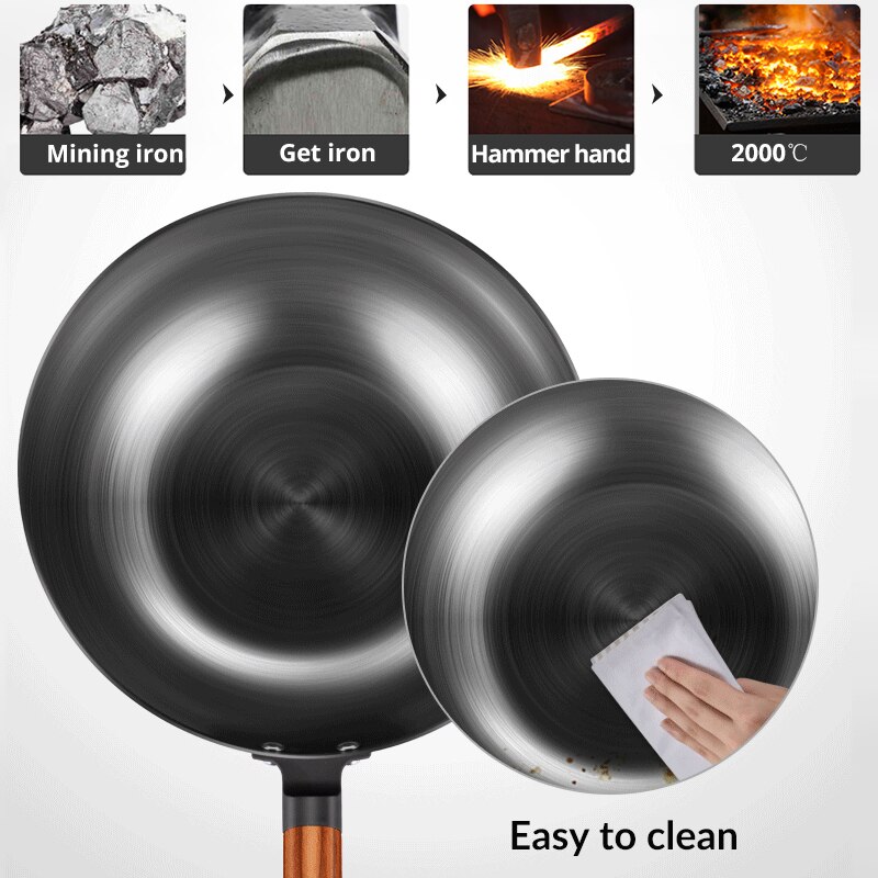 Wok-sartén antiadherente de hierro fundido hecho a mano, utensilio de cocina tradicional de china, con mango de madera
