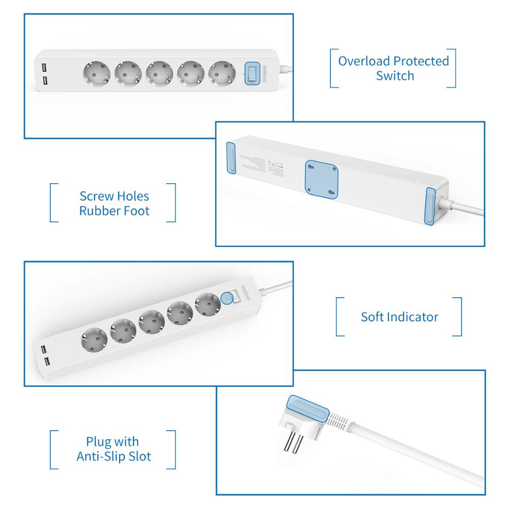 NTONPOWER Wall Mounted USB Power Strip Surge Protector with 3/5 Ports 2 USB Extension Socket EU Plug for Home Network Filter