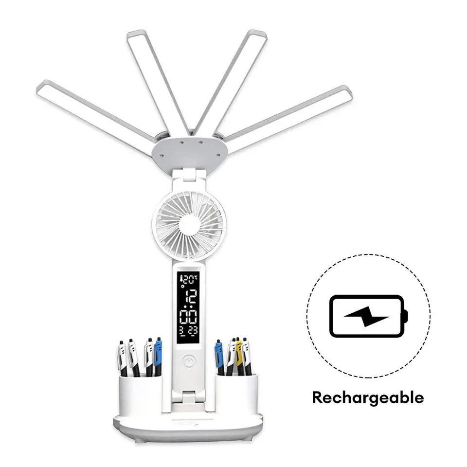 Oplaadbare tafellamp Vierkoppig voor studie Bureaulamp Leeslamp Led-tafellamp met ventilator Led-klok Dispaly-leeslamp: Default Title