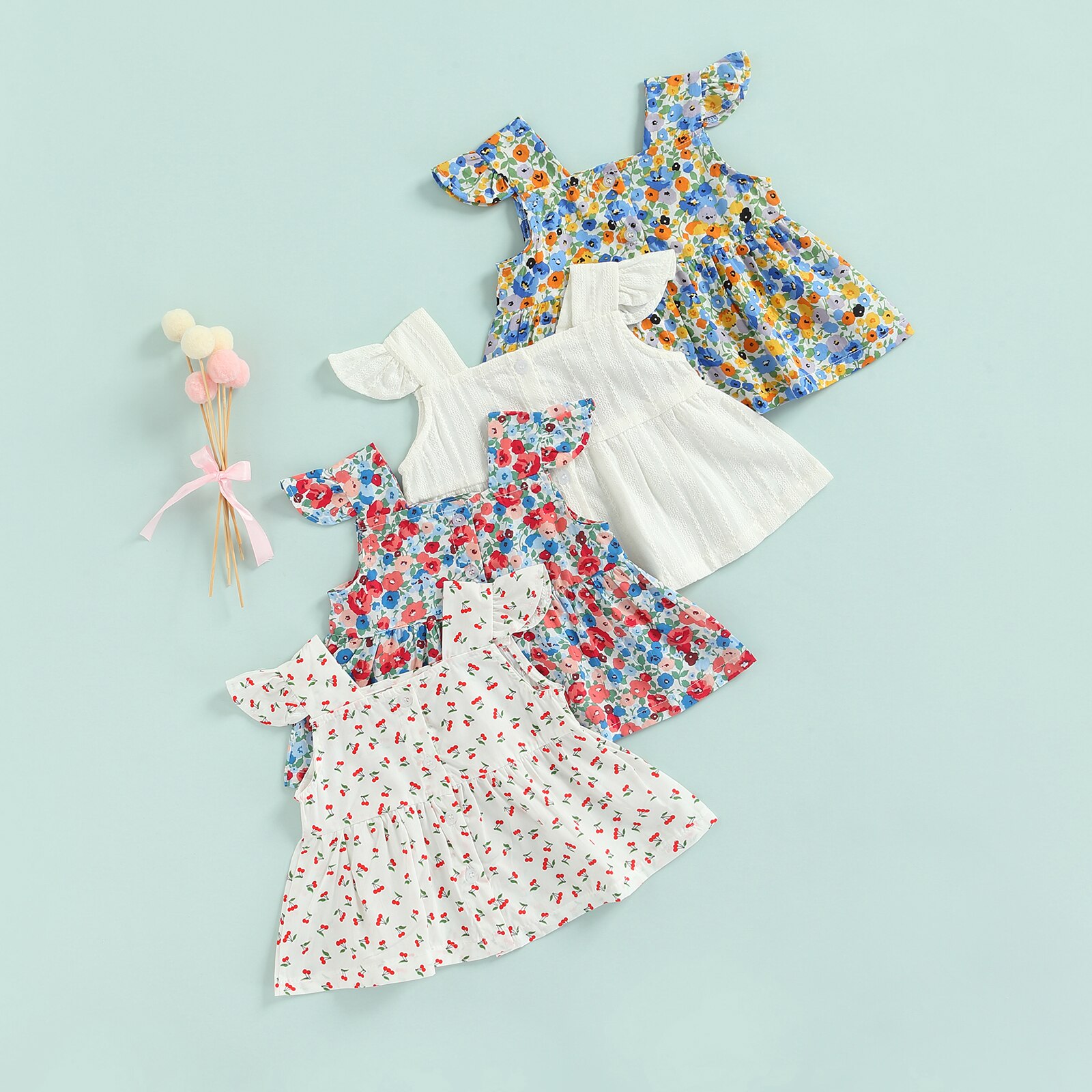 Tops de verano para niña pequeña, Camiseta con estampado de flores, manga con mosca, cuello cuadrado, cierre de botón, línea A