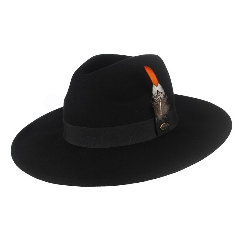 Gemvie bred skygge kvinder 100%  uld fedora vinter filt hat til mand stribet fjer band efterår panama jazz cap: Sort