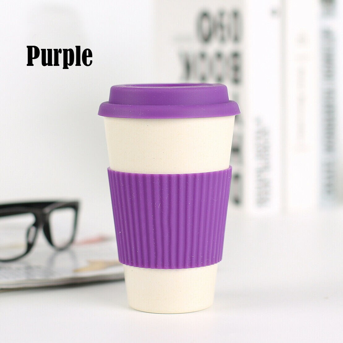 Taza para té y café de fibra de bambú reutilizable, vaso de viaje de paja de trigo con tapa de silicona, UK: Morado