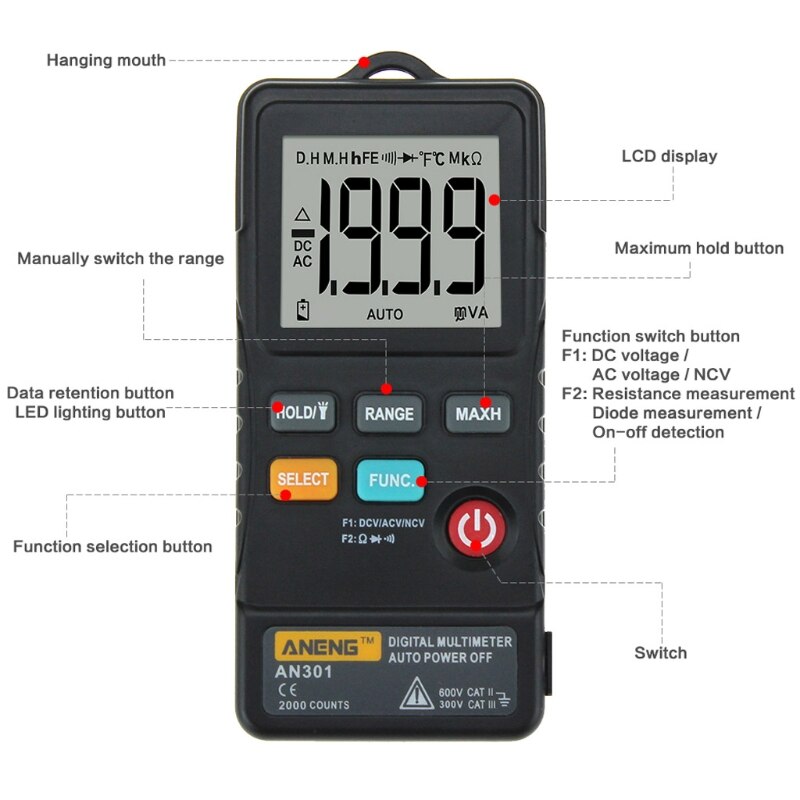 AN301 Mini Digital Multimeter AC DC Voltmeter Voltage Resistance Meter with LED