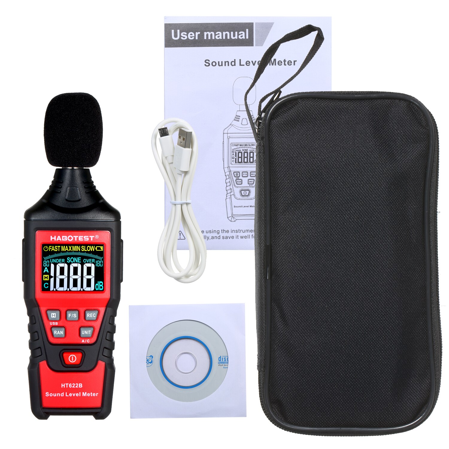 HT622B Digital Decibel Meter with USB Port A/C Weighted Sound Level Meter LCD Color Screen Noise Sound Detector