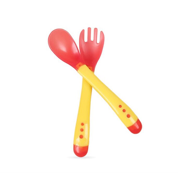 3set Temperature Sensing Feeding Spoon Child Tableware Food Bowl Learning Dishes Plate Suction Cup Baby Dinnerware Set: Yellow-1 Set