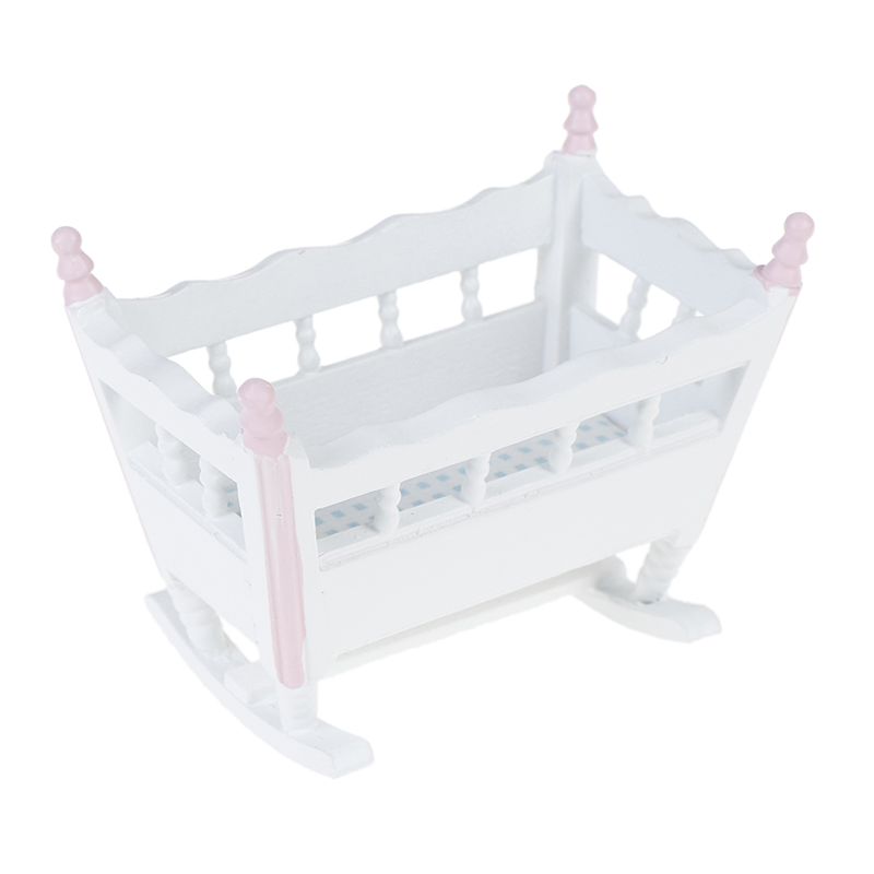 Meubels Witte Houten Cardle Baby Bed Kinderen Speelgoed Houten Kwekerij Wieg Baby Wieg 1:12 DollHouse Miniatuur Poppen