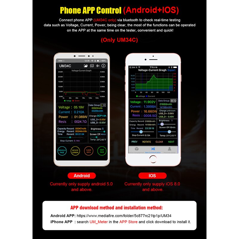 Um34c/um34 dc voltímetro amperímetro tensão medidor de corrente app usb 3.0 type-c bateria carga medida cabo resistência testadores puo88