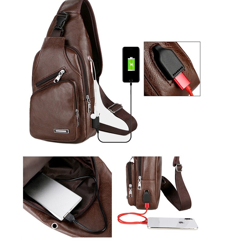 Bolsos de hombro para hombres nueva de Color sólido Casual hombro pecho bolsa de Estuche de transporte de carga USB