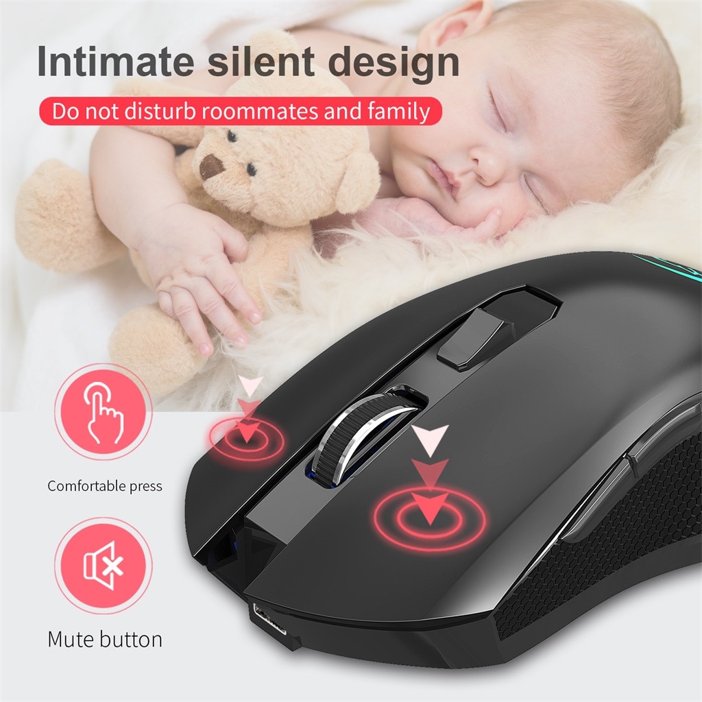 Noise cancelling 2.4G USB Wireless Mouse 2400DPI Adjustable Rechargeable Colorful Lighting Game Gamer Mice for PC Laptop Gaming