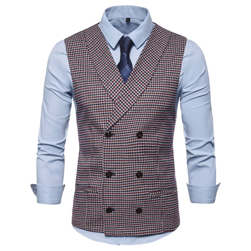 Men Casual Sleeveless Jacket Coat Mens Formal Waistcoats Dress Suit Vest Slim Woolen Plaid Vest British Autumn Suit Vest EUR: black red / L