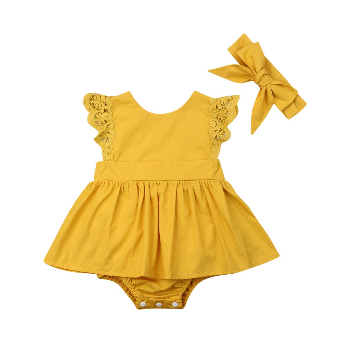 niños ropa de verano ropa de bebé chico bebé niña encaje 2 piezas mono diadema ropa vestido de encaje monos de manga ropa: Amarillo / 18 meses