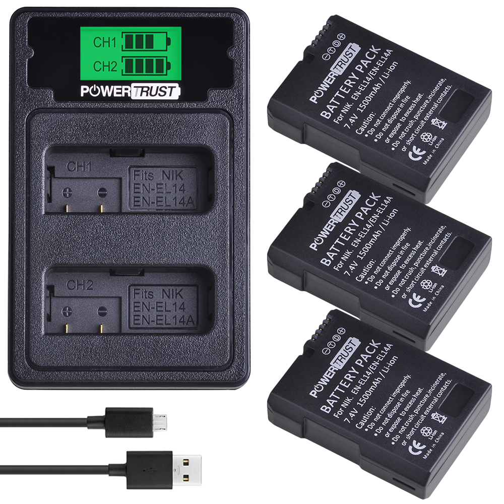 EN-EL14 EN-EL14A Battery+LCD USB Dual Charger with Type C Port for Nikon D3100 D3200 D3300 D3400 D3500 D5600 D5100 D5200 P7000: 3B with charger