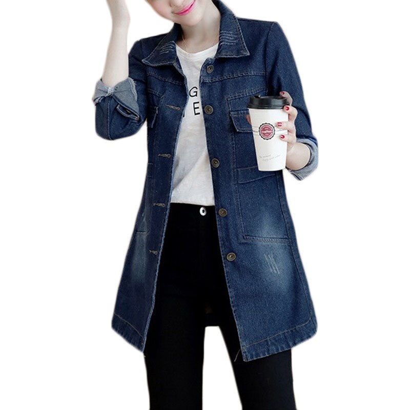 Herfst Winter Koreaanse Denim Jas Vrouwen Slanke Lange Base Coat vrouwen Verzwakte Marineblauw Plus size Jeans Jassen cool 5XL A364