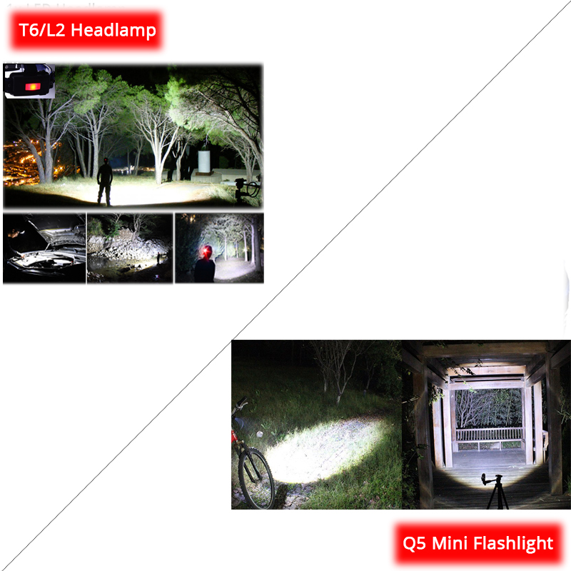 Genopladelig  t6/l2 forlygter zoombar vandtæt led-forlygte  q5 lommelygter håndfri lommelygte til vandreture, camping løb