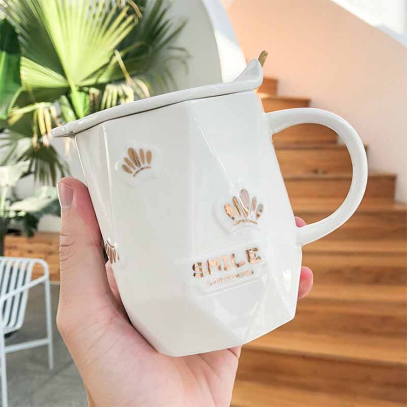 Porcelain mugs 400ml Spoon with lid porcelain mugs Multilateral Irregular Ceramic Cup Cup Business Office Tea Cup: White