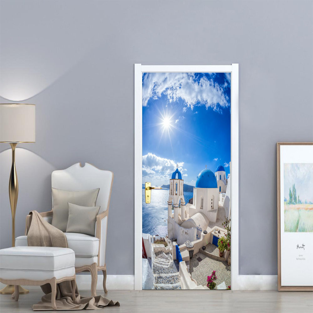 Mediterranean Scenery Door Stickers Home Decoration Decal DIY Bedroom Livingroom Renovation Waterproof Door Mural Self Adhesive