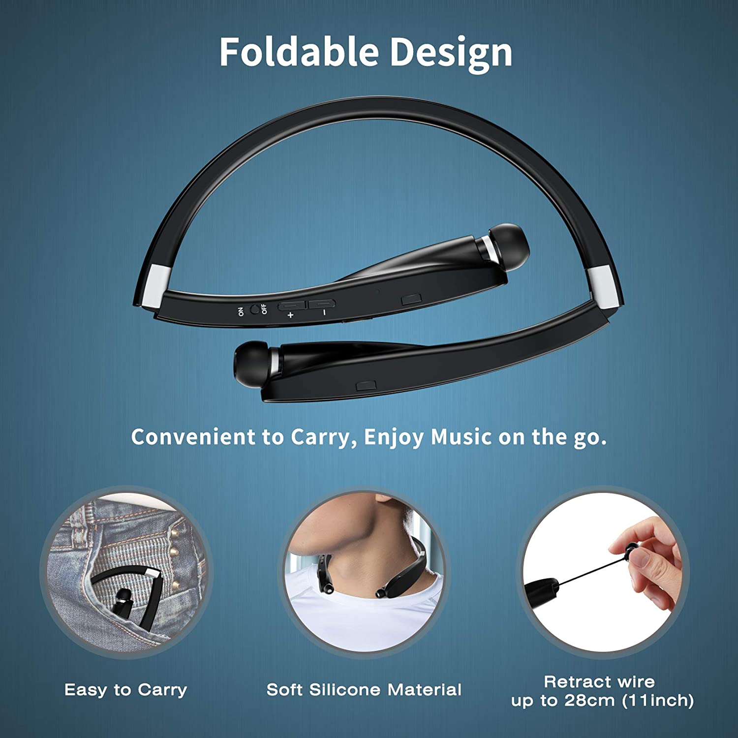 Hopfällbart bluetooth-headset, infällbara hörlurar för sport och träning, brusreducerande stereo-nackband trådlösa hörlurar med mikrofon