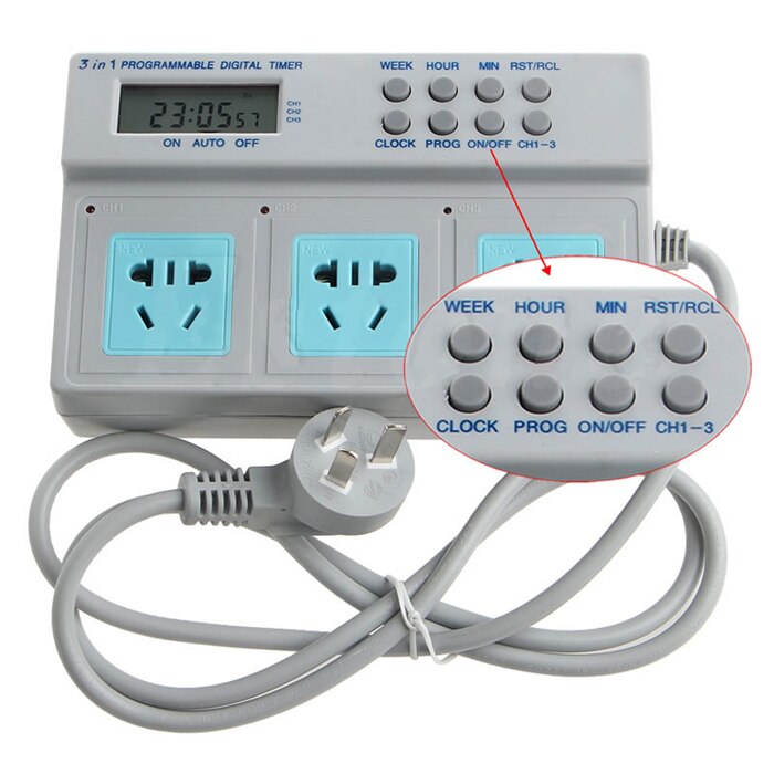 Programmable Digital Timer Outlet - 16A 3680W - 1.5m Extension Cord - 3 Outlets - Universal Application