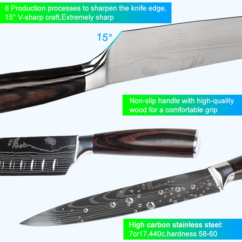 Köksknivar set kockknivar rostfritt stål imitation damaskus mönster santoku klyv skärning verktygsknivar