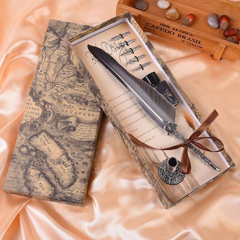 1Set Vintage Kalligrafie Veer Dip Schrijven Pen Inkt Set Briefpapier Box Met 5 Nib Festival Quill Fontein pen: gray