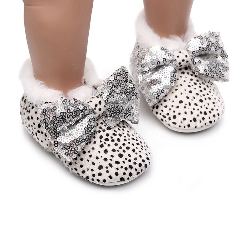 Bonitos zapatos de invierno para niñas de 0 a 24 meses con de leopardo y lazo, zapatos suaves y bonitos para niñas, botas de nieve infantil, zapatos para niños pequeños: W / XL
