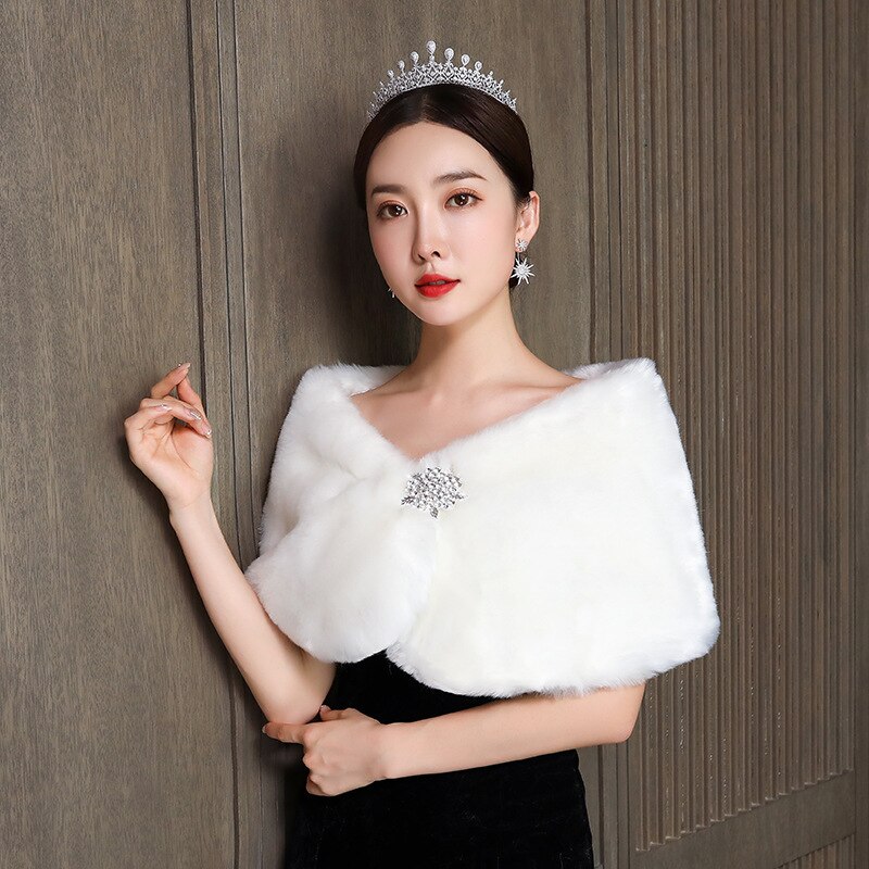 Colorful Women Wedding Jackets White Red Faux Fur Bolero Bridal Shawl Wraps Shrug Winter Evening Party Coat: Ivory