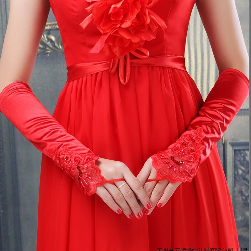 Guantes de novia sin dedos para mujer, elegantes guantes de lentejuelas hasta el codo, blanco, marfil y rojo, accesorios de boda, , GV003