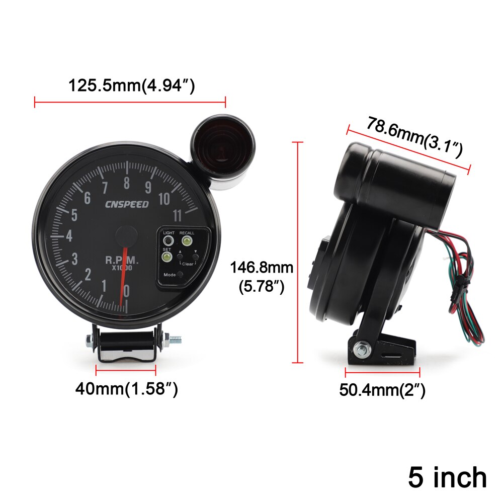 5" Inch (127MM) 7 Color 11K RPM Tachometer Gauge With Shift Light Black For 4 / 6 / 8 Cylinder Engine Vehicle 12V