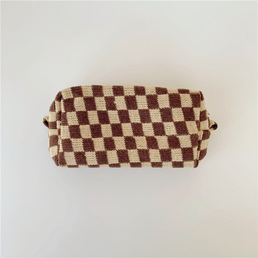 Dambord Rooster Make-Up Tas Gebreide Stof Vrouwen Cosmetische Organizer Rits Beauty Pouch Pols Make Up Pouch Toilettas Case: brown