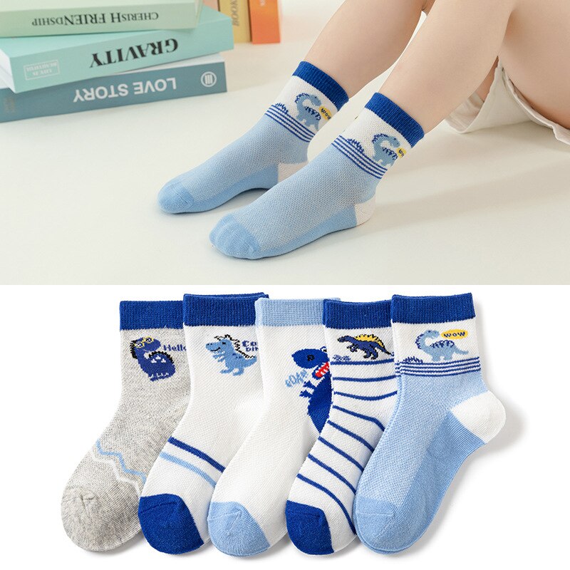 Calcetines de verano para niños y niñas, medias de algodón con dibujos de dinosaurios, 5 pares