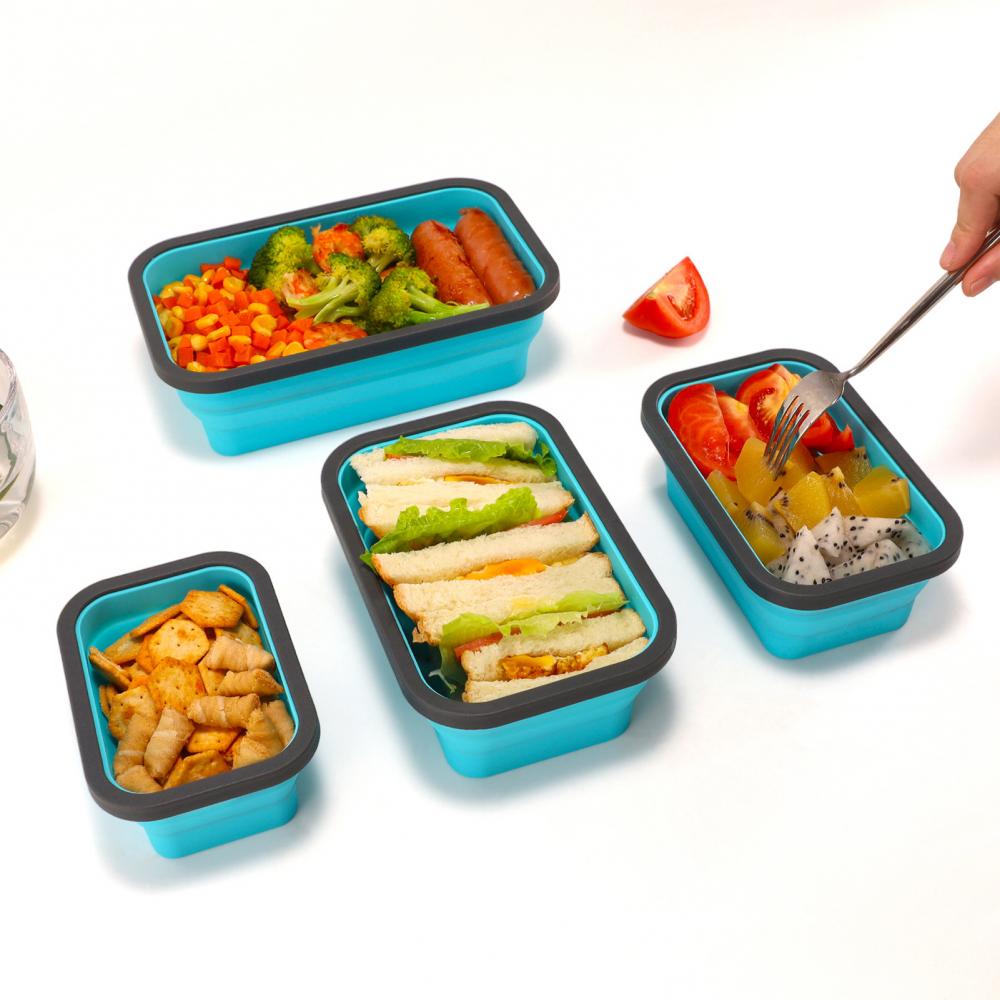 60% Sales! 4Pcs Stackable Bento Food Container Foldable Silicone Lunchbox Fresh Keep Case