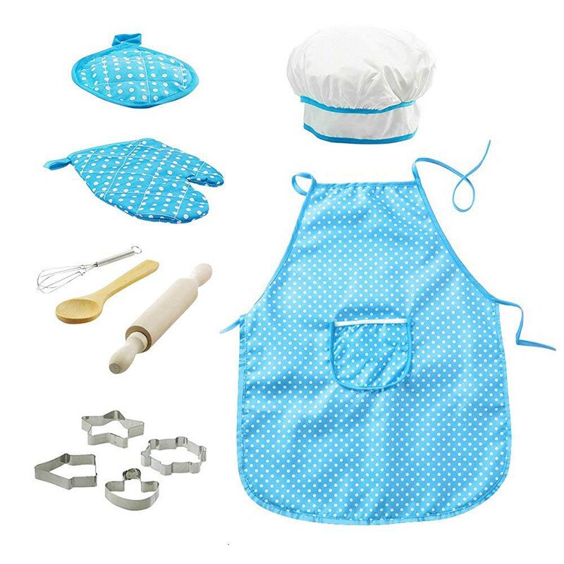 Tablier Junior pour enfants, costume de Chef avec poche, chapeau, boisson, outil de nourriture, accessoires de cuisine familiale, 11 pièces/ensemble: blue opp bag