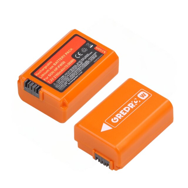 2160mAh NP-FW50 pomarańczowy akumulator dla Sony NP FW50 NPFW50, A6000 A6400 A6500 A6300 A7 A7II A7RII A7SII A7S A7S2 A7R: 2x bateria