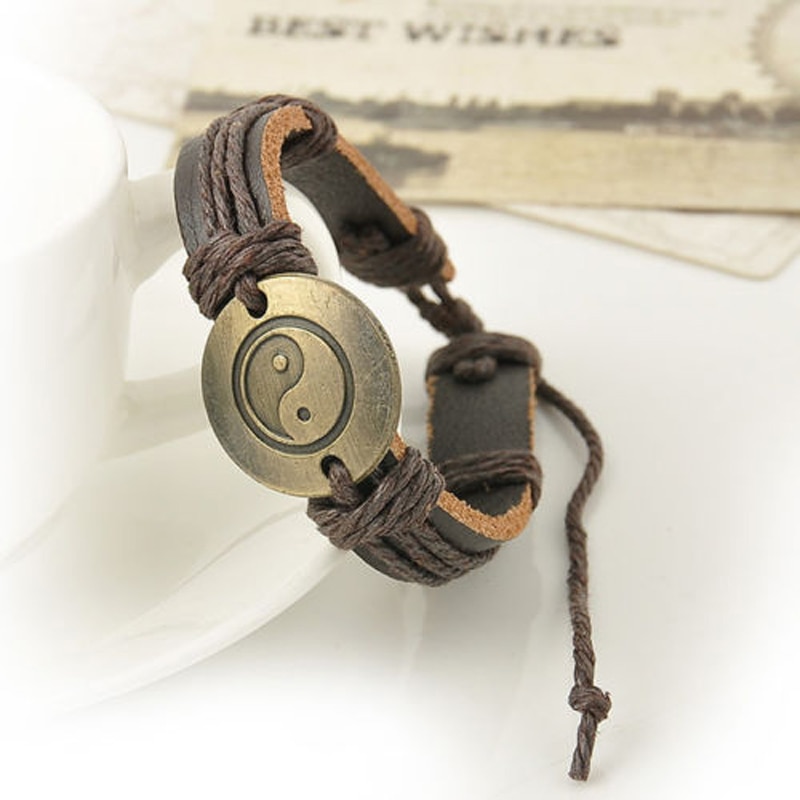 1pcs Shellhard yin yang Charm Leather Bracelets Vintage Rope Cuff Bracelet For Charm Men Wristband Bracelet Jewelry 4Colors