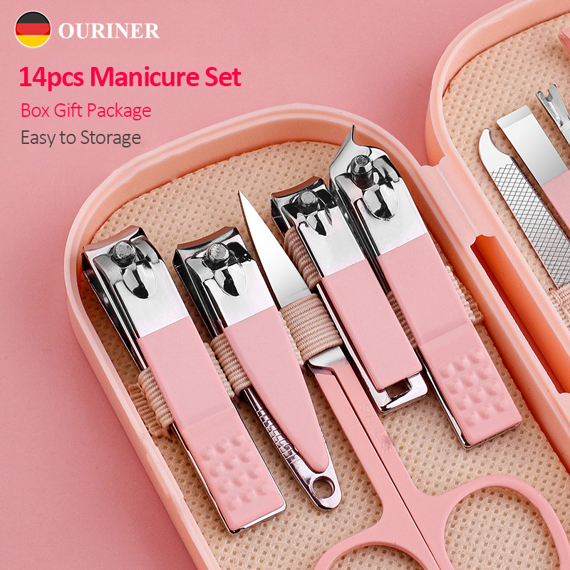 Juego de manicura y pedicura de lujo, tijeras de uñas de acero inoxidable rosa y azul, cortauñas, cuchara para excavación de orejas para hombres y mujeres, 14 piezas