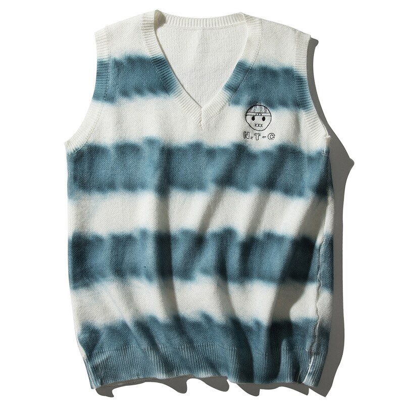 Suéter Chaleco de retales con cuello en V bordado degradado sin mangas, Tops tejidos, chalecos para hombres holgado de talla grande Harajuku que combina con todo: MY015-A / XXL