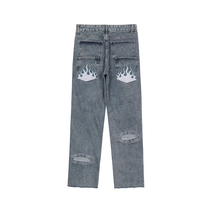 Pantalones vaqueros informales lavados con agujeros rasgados para hombre, ropa de calle con bolsillos de llama en la espalda, Jeans rectos de pareja, pantalones vaqueros sueltos de Hip Hop