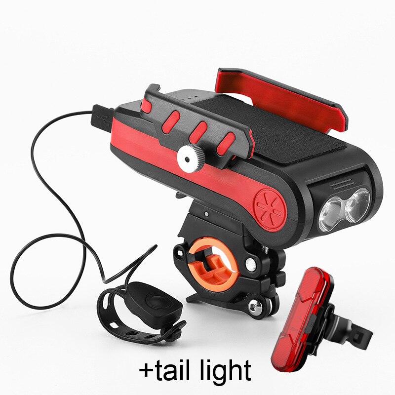 Multifunctional Bicycle Headlight4000mAH Mobile Phone Rack Holder 2x T6 LED 550LM Alarm Bell Horn MTB Mountain Bike Front Flashl: red 4000