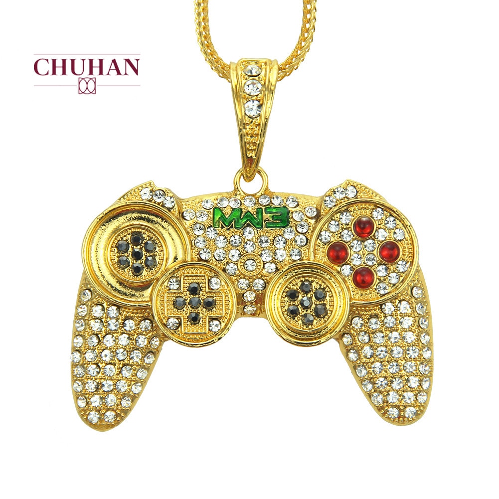 CHUHAN Hüfte hüpfen Spiel Regler Griff Anhänger Halskette für Frauen Männer Gold Farbe Kristall Strass Schmuck Kette Halsketten C131