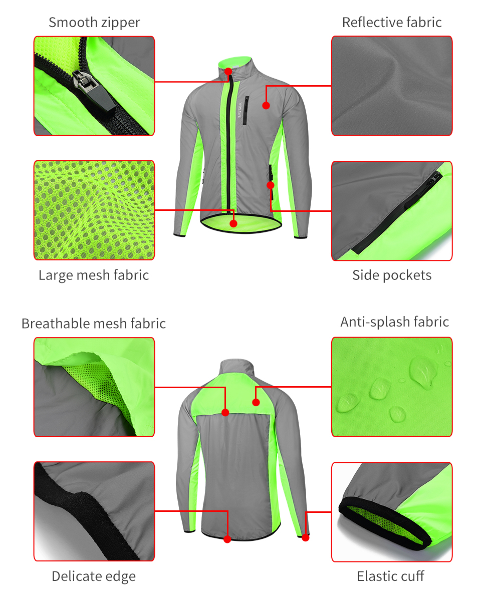 WOSAWE-Chaqueta de ciclismo segura, cortavientos de alta visibilidad, mezcla de colores fluorescentes y paneles plateados reflectantes